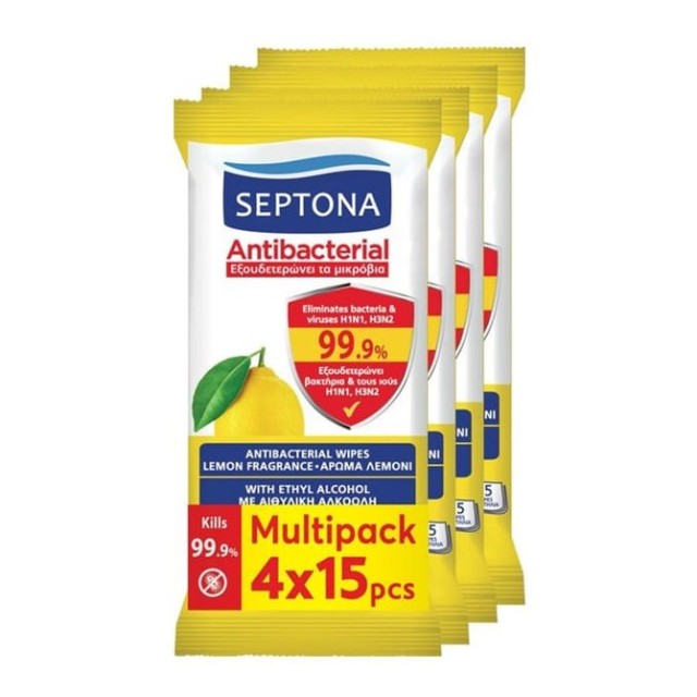 Septona SET Antibacterial Hand Wipes Lemon 4x15τεμ (Υγρά Aντιβακτηριδιακά Μαντηλάκια Χεριών με Άρωμα Λεμόνι)