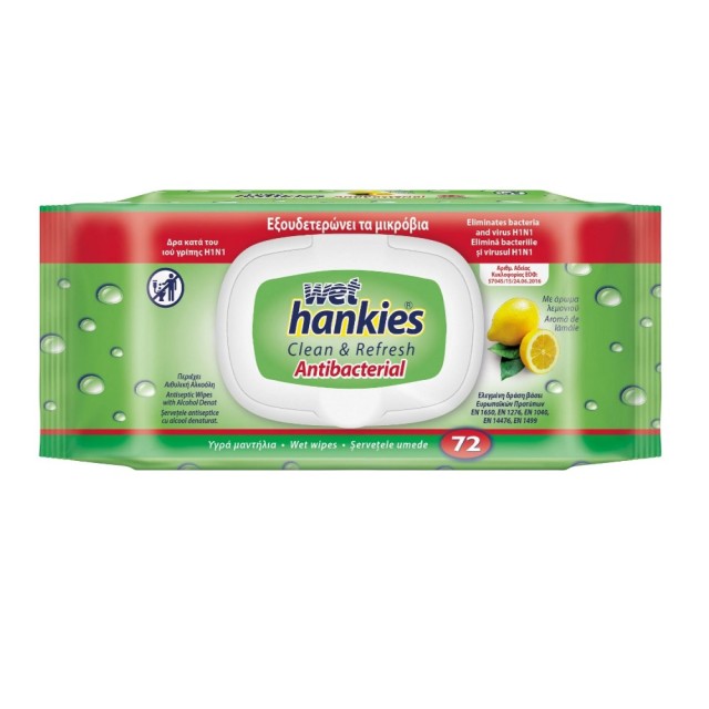 Wet Hankies Clean & Refresh Antibacterial Wet Wipes 72pcs (Αντιβακτηριδιακά Υγρά Μαντηλάκια με Άρωμα Λεμόνι 72τεμ)
