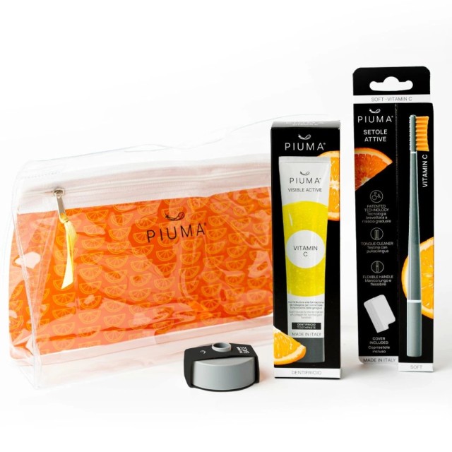 Piuma Gift Set Vitamin C Asphalt Grey (Σετ με Οδοντόβουρτσα & Οδοντόκρεμα με Βιταμίνη C & Βάση Οδοντόβουρτσας- Γκρι)