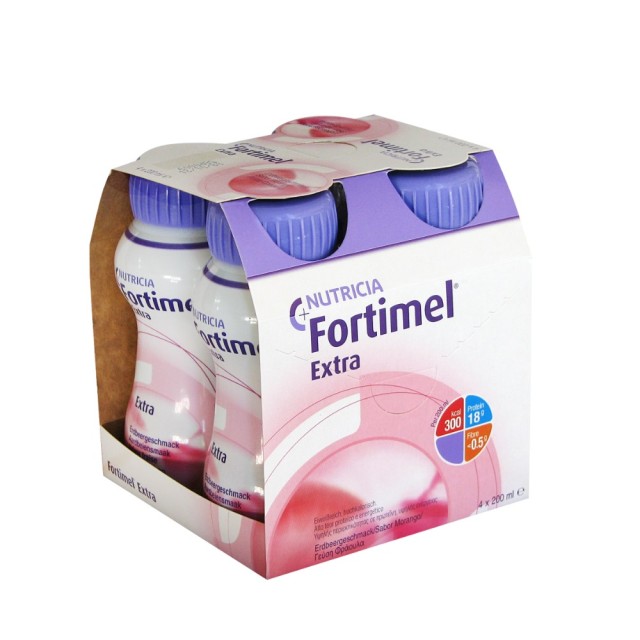 Nutricia Fortimel Extra Strawberry 4x200ml (Υπερπρωτεϊνικό, Υπερθερμιδικό Πόσιμο Θρεπτικό Σκεύασμα με Γεύση Φράουλα)