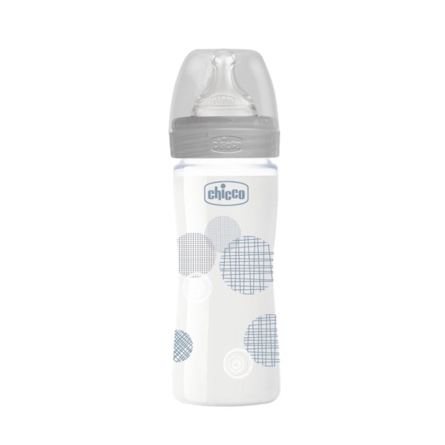 Chicco Well Being Glass Baby Bottle Unisex 240ml 0m+ 28721-30 (Μπιμπερό Γυάλινο με Θηλή Σιλικόνης Κανονικής Ροής)
