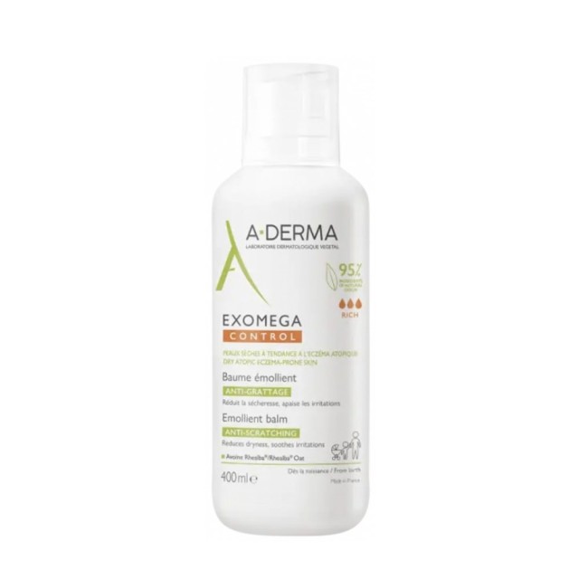 A Derma Exomega Control Emollient Balm 400ml (Μαλακτικό Βάλσαμο Κατά του Κνησμού για Πολύ Ξηρή Επιδερμίδα με Τάση Ατοπίας για Όλη την Οικογένεια) 