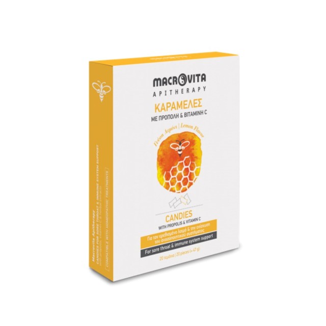Macrovita Candies Propolis & Vitamin C 20τεμ (Καραμέλες με Πρόπολη & Βιταμίνη C με Γεύση Λεμόνι για τον Ερεθισμένο Λαιμό & την Ενίσχυση του Ανοσοποιητικού)