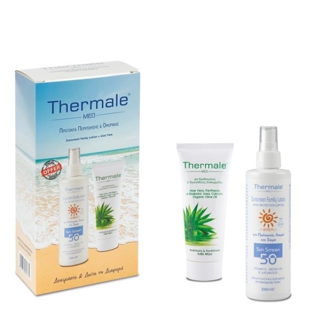 Thermale Med SET Sunscreen Family Lotion SPF50 250ml & Aloe Vera Cream 200ml (ΣΕΤ με Αντηλιακό Γαλάκτωμα Προσώπου & Σώματος & Κρέμα Προσώπου & Σώματος για Ευαίσθητες Επιδερμίδες)