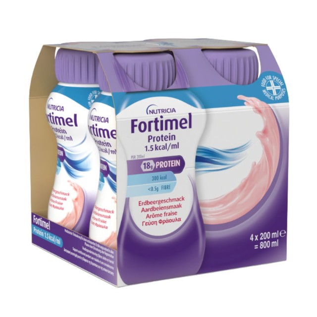 Nutricia Fortimel Protein 1,5kcal/ml Strawberry 4x200ml (Υπερπρωτεϊνικό, Υπερθερμιδικό Πόσιμο Θρεπτικό Σκεύασμα με Γεύση Φράουλα)
