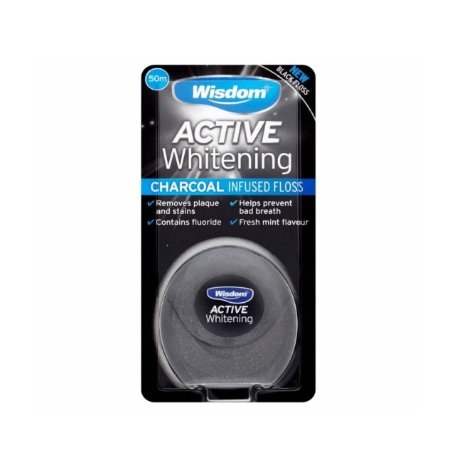 Wisdom Active Whitening Charcoal Infused Floss 50m (Οδοντικό Νήμα με Ενεργό Άνθρακα για Λευκά Δόντια)