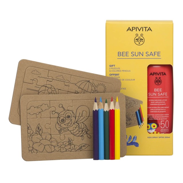 Apivita SET Bee Sun Safe Hydra Sun Kids Lotion Easy Application SPF50 200ml & GIFT 2 Puzzles & Colored Pencils