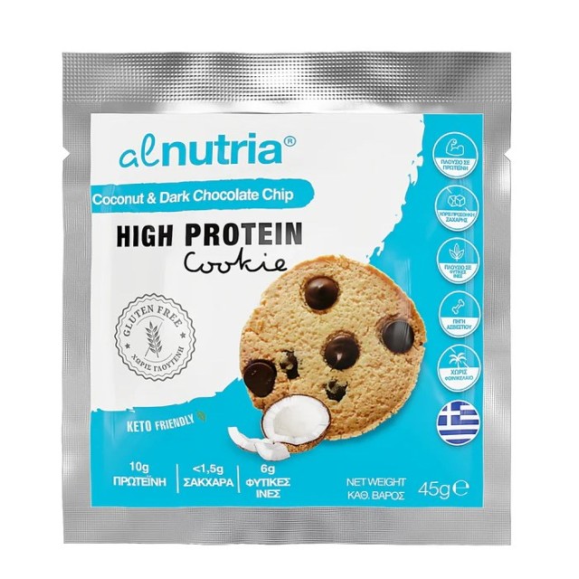 Alnutria High Protein Cookie Coconut & Dark Chocolate Chip 45gr (Μπισκότο Πρωτεΐνης με Καρύδα & Μαύρη Σοκολάτα)