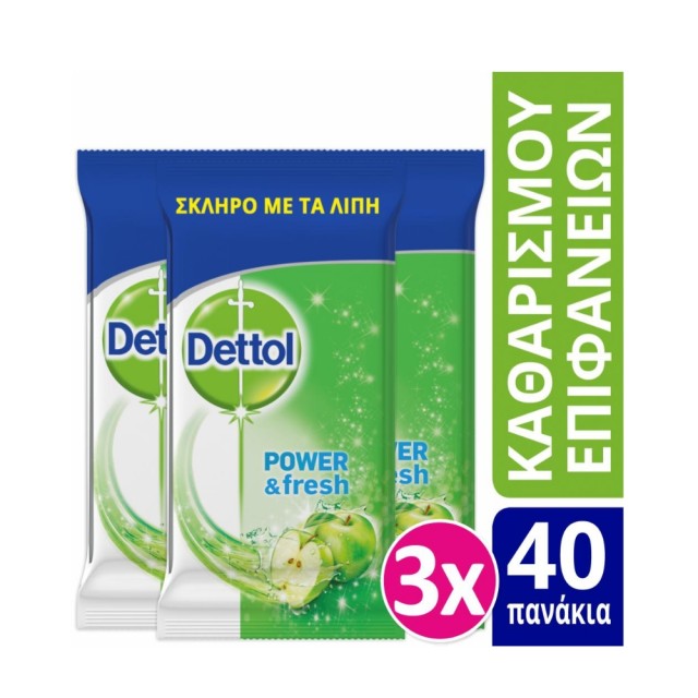 Dettol Cleansing Floor Wipes Green Apple 3x40pcs (Υγρά Απολυμαντικά Πανάκια Καθαρισμού Επιφανειών Πράσινο Μήλο)