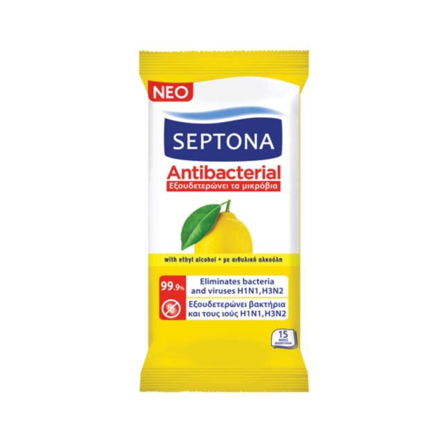 Septona Antibacterial Hand Wipes Lemon 15τεμ (Υγρά Aντιβακτηριδιακά Μαντηλάκια Χεριών με Αρωμα Λεμόνι)