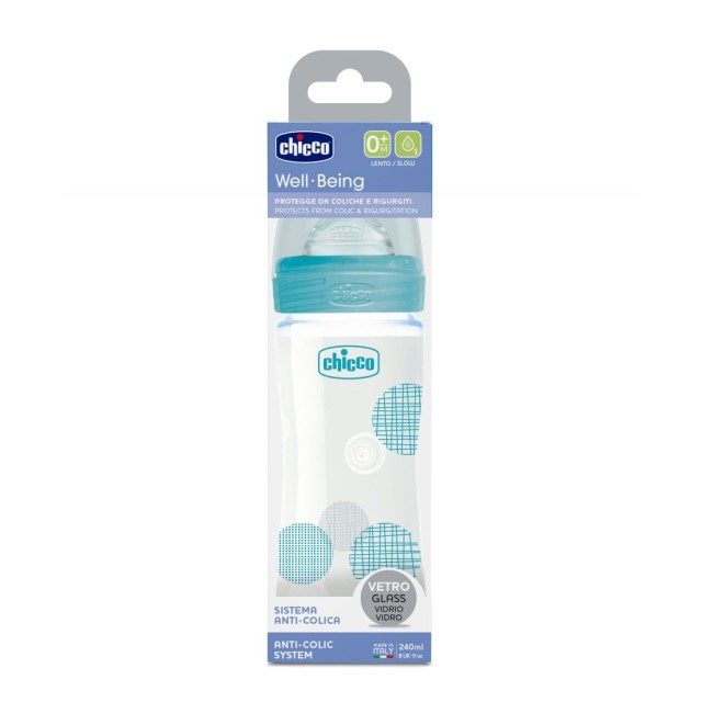 Chicco Well Being Glass Baby Bottle Blue 28721-20 0m+ 240ml  (Μπιμπερό Γυάλινο με Θηλή Σιλικόνης Κανονικής Ροής Σιέλ 0m+)