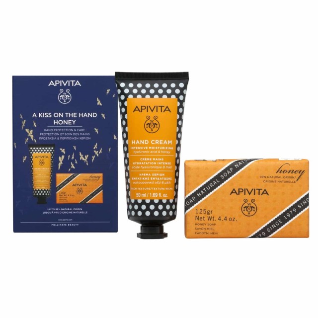 Apivita SET A Kiss On The Hand Honey Hand Cream Intensive Moisturizing 50ml & Natural Soap Honey 125gr (ΣΕΤ με Κρέμα Χεριών Εντατικής Ενυδατωσης& Φυσικό Σαπούνι)