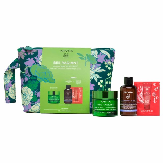 Apivita Bee Radiant SET Signs of Aging & Anti-Fatigue Cream 50ml & ΔΩΡΟ Cleansing Creamy Foam 75ml & Bee Sun Safe Face Cream SPF50 2ml (ΣΕΤ με Κρέμα Προσώπου Πλούσιας Υφής & ΔΩΡΟ Αφρό Καθαρισμού & Αντηλιακή Κρέμα Προσώπου)