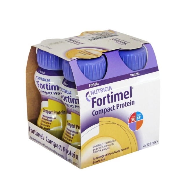 Nutricia Fortimel Compact Protein Banana 4x125ml (Υπερπρωτεϊνικό, Yπερθερμιδικό Πόσιμο Θρεπτικό Σκεύασμα με Γεύση Μπανάνα)