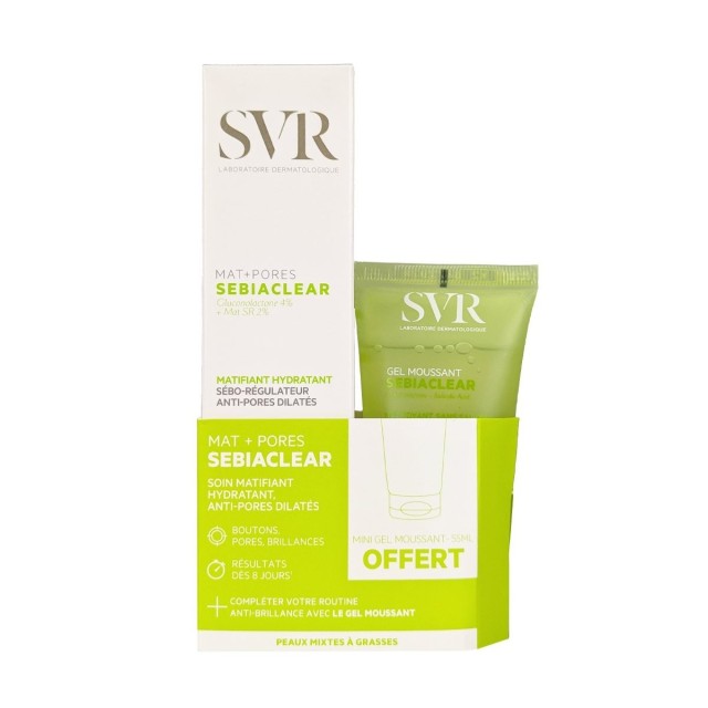 SVR SET Sebiaclear Mat+ Pores 40ml & Sebiaclear Gel Moussant 55ml (ΣΕΤ με Ενυδατική Σμηγματορυθμιστική Κρέμα & Τζελ Καθαρισμού Προσώπου για το Λιπαρό Δέρμα με Τάση Ακμής)