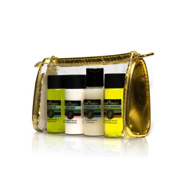 Olive Touch Travel Kit Set 4pcs (Σετ Ταξιδίου 4τεμ με Σαμπουάν, Αφρόλουτρο, Καθαριστικό Προσώπου & Γαλάκτωμα Σώματος)