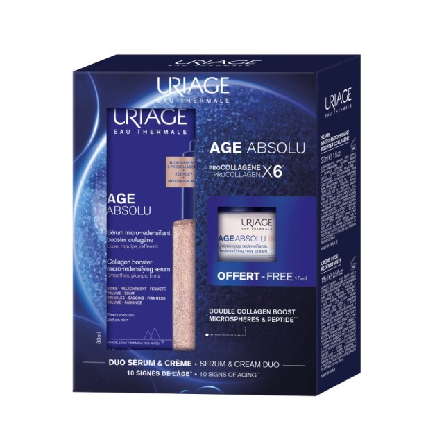 Uriage SET Age Absolu Serum 30ml & ΔΩΡΟ Age Absolu Redensifying Rosy Cream 15ml (ΣΕΤ με Αντιγηραντικό Ορό Προσώπου & ΔΩΡΟ Αντιγηραντική Κρέμα Ημέρας για την Ώριμη Επιδερμίδα)