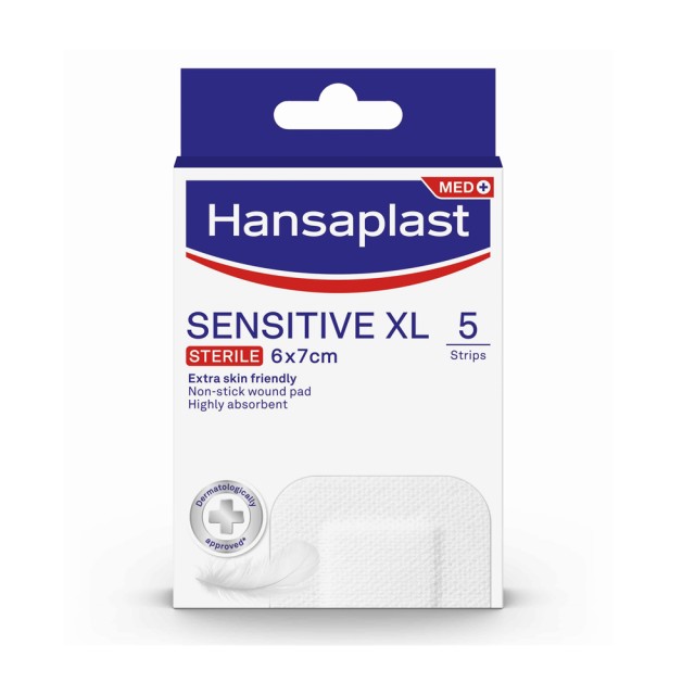 Hansaplast Sensitive XL 6x7cm 5τεμ (Αποστειρωμένα Επιθέματα για Μεγαλύτερες Πληγές & Μετεγχειρητικά 