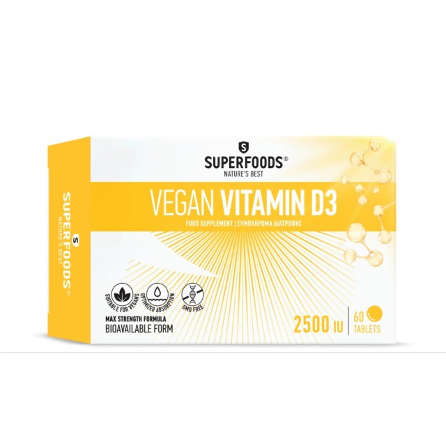 Superfoods Vegan Vitamin D3 2500iu 60tabs (Συμπλήρωμα Διατροφής με Βιταμίνη D3 για Vegans)
