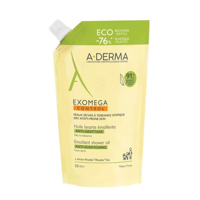 A Derma Exomega Control Emollient Shower Oil Eco Refill 500ml (Μαλακτικό Λάδι Καθαρισμού για Πολύ Ξηρή Επιδερμίδα με Τάση Ατοπίας για Όλη την Οικογένεια)