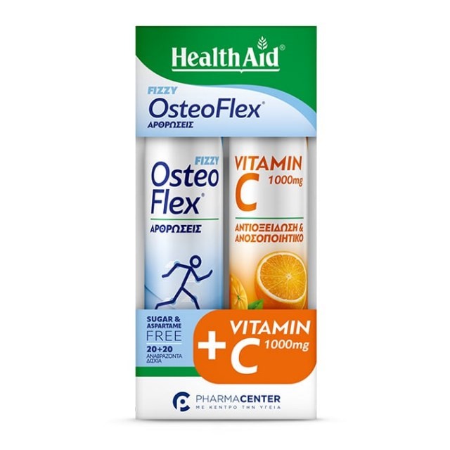 Health Aid SET Osteoflex Fizzy 20tabs ΔΩΡΟ Vitamin C 1000mg 20tabs (ΣΕΤ με Συμπλήρωμα Γλυκοζαµίνης & Χονδροϊτίνης με Γεύση Λεμόνι & ΔΩΡΟ Βιταμίνη C με Γεύση Πορτοκάλι σε Αναβράζουσες Ταμπλέτες)