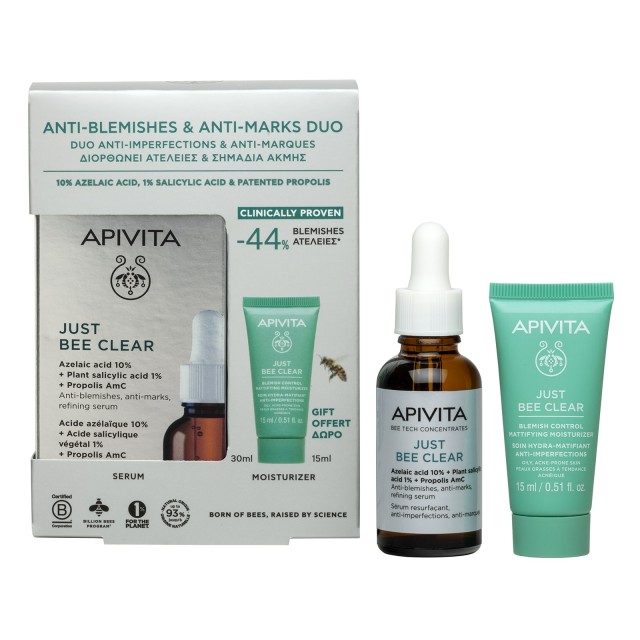 Apivita SET Just Bee Clear Serum 30ml & ΔΩΡΟ Just Bee Clear Blemish Control Mattifying Moisturizer 15ml (ΣΕΤ με Ορό Λείανσης για Ατέλειες & Σημάδια Ακμής & ΔΩΡΟ Κρέμα Προσώπου Κατά των Ατελειών)