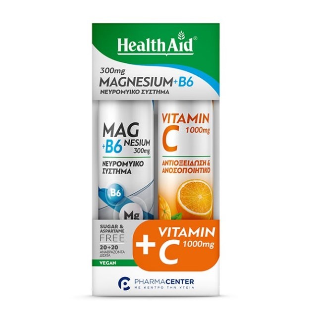 Health Aid SET Magnesium + Vitamin B6 20tabs & ΔΩΡΟ Vitamin C 1000mg 20tabs (ΣΕΤ με Μαγνήσιο + B6 με Γεύση Λεμόνι & ΔΩΡΟ Βιταμίνη C με Γεύση Πορτοκάλι σε Αναβράζουσες Ταμπλέτες)