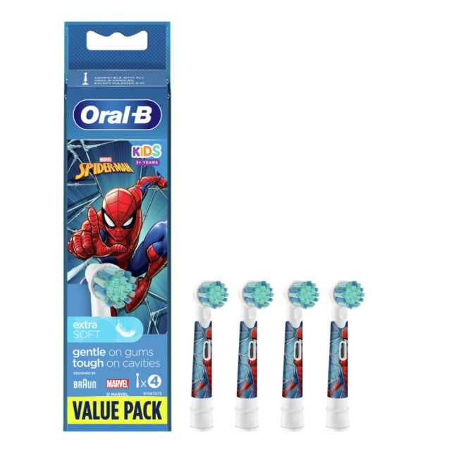 Oral B Kids Spiderman Brush Heads 4τεμ (Ανταλλακτικές Κεφαλές για Παιδική Ηλεκτρική Οδοντόβουρτσα)