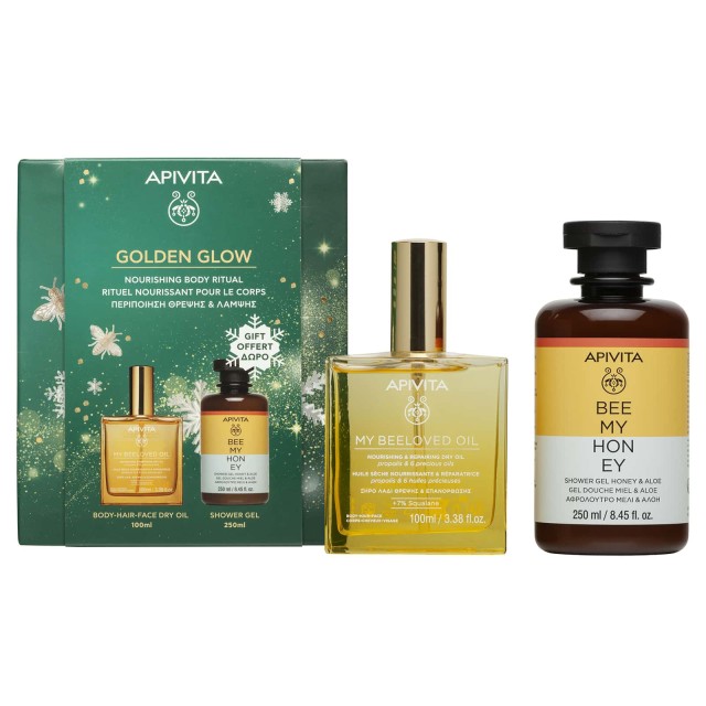 Apivita SET Golden Glow (ΣΕΤ με Ξηρό Λάδι Θρέψης & Επανόρθωσης για Σώμα, Πρόσωπο & Μαλλιά & Αφρόλουτρο με Μέλι & Αλόη)