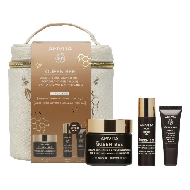 Apivita Queen Bee Absolute SET Anti-Aging & Regenerating Cream Light 50ml & ΔΩΡΟ Firming Activating Lift Serum 10ml & Wrinkle Lift Eye & Lip Cream 5ml (ΣΕΤ Απόλυτης Αντιγήρανσης - Ελαφριά Υφή)
