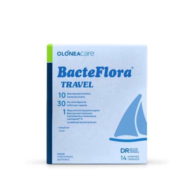 OLONEA Bacteflora Travel 14caps (Συμπλήρωμα Διατροφής με Προβιοτικά, Πρεβιοτικά & Μεταβιοτικά για τη Διάρροια του Ταξιδιώτη)