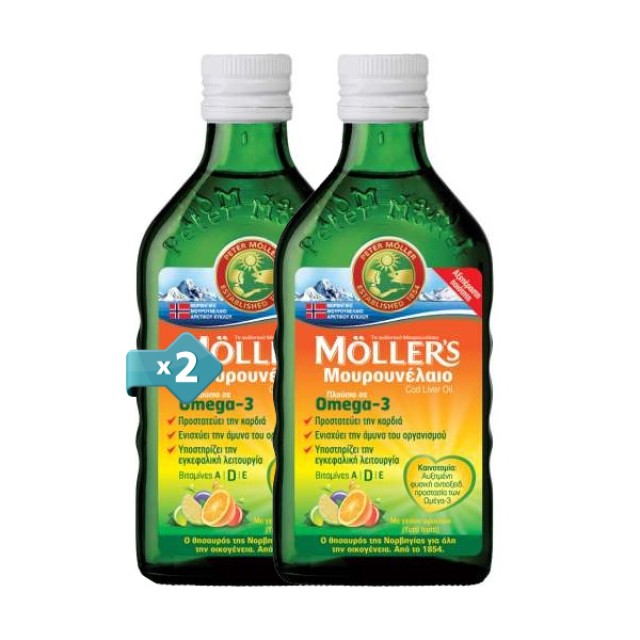 Mollers Cod Liver Oil Tutti Frutti 2x250ml (Μουρουνέλαιο Πλούσιο σε Omega 3 με Γεύση Φρούτων 2 τεμάχια)