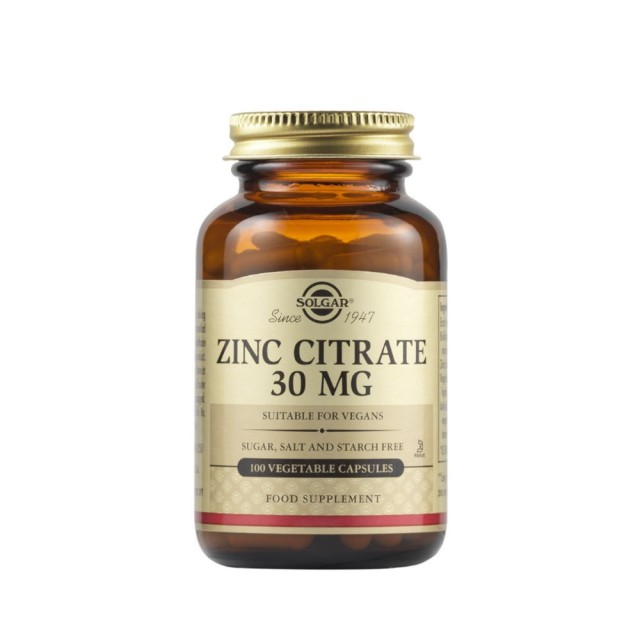 Solgar Zinc Citrate 30mg 100caps (Συμπλήρωμα Διατροφής με Ψευδάργυρο σε Κιτρική Mορφή για Ενίσχυση του Ανοσοποιητικού)