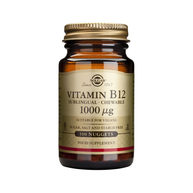 Solgar Vitamin B12 1000μg Chewable Nuggets 100τεμ (Συμπλήρωμα Διατροφής για την Ομαλή Λειτουργία του Νευρικού Συστήματος Υπογλώσσια Δισκία)