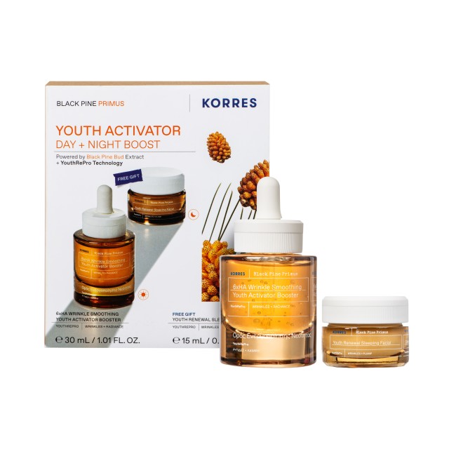 Korres Black Pine Primus SET Wrinkle Smoothing Youth Activator Booster Serum 30ml & ΔΩΡΟ Youth Renewal Sleeping Facial 15ml (ΣΕΤ Περιποίησης για Λείανση Ρυτίδων & Λάμψη)