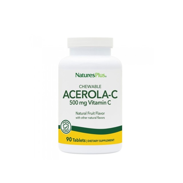 Natures Plus Acerola C 500mg Vitamin C 90tabs (Συμπλήρωμα Διατροφής σε Μασώμενες Ταμπλέτες με Βιταμίνη C από Συμπυκνωμένο Εκχύλισμα Ασερόλας)