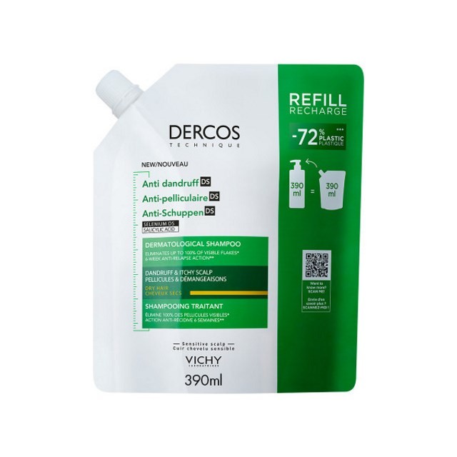 Vichy Dercos Anti-Dandruff DS Shampoo Dry Hair Refill 390ml (Σαμπουάν Κατά της Ξηροδερμίας, της Πιτυρίδας & του Κνησμού για Ξηρά Μαλλιά)