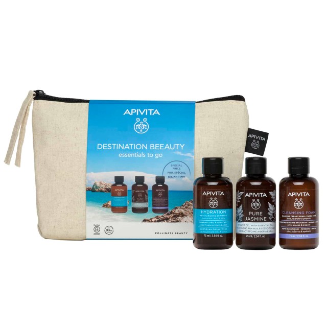 Apivita SET Destination Beeauty Essentials to Go (ΣΕΤ με Σαμπουάν, Αφρόλουτρο & Αφρό Καθαρισμού Προσώπου & Ματιών)