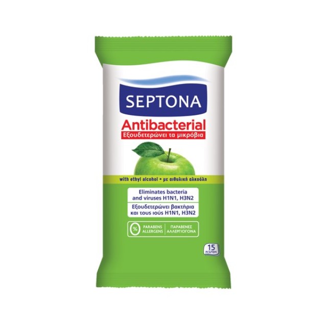 Septona Antibacterial Hand Wipes Green Apple 15τεμ (Υγρά Aντιβακτηριδιακά Μαντηλάκια Χεριών με Αρωμα Πράσινο Μήλο)
