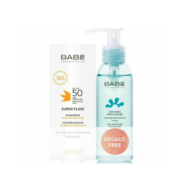 Babe SET Sun Protection Super Fluid Face Sunscreen SPF50 50ml & ΔΩΡΟ Soothing Miceller Gel 90ml (ΣΕΤ με Λεπτόρρευστη Αντηλιακή Κρέμα Προσώπου & ΔΩΡΟ Τζελ Καθαρισμού)