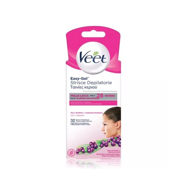 Veet Easy Gel Face Wax Strips 32pcs (Ταινίες Αποτρίχωσης για το Πρόσωπο 32τεμ)