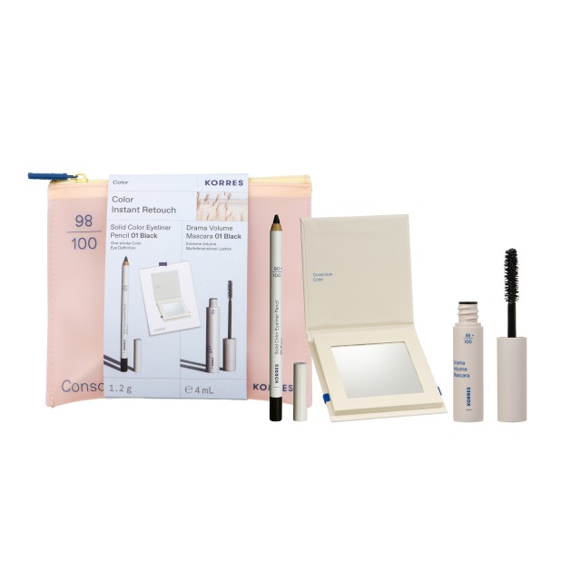 Korres SET Color Instant Retouch (ΣΕΤ με Μαύρο Μολύβι Ματιών & Μαύρη Μάσκαρα για Όγκο & Μήκος & Καθρέφτη)