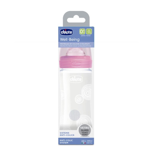 Chicco Well Being Glass Baby Bottle Pink 28721-10 0m+ 240ml (Μπιμπερό Γυάλινο με Θηλή Σιλικόνης Κανονικής Ροής Ροζ 0m+)