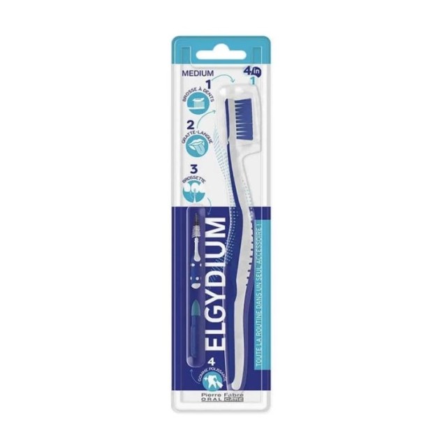 Elgydium 4in1 Toothbrush Medium (Οδοντόβουρτσα για την Καταπολέμηση της Οδοντικής Πλάκας - Μέτρια)