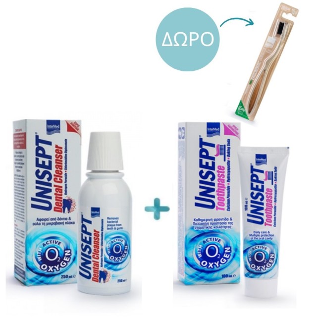 Unisept SET Dental Cleanser 250ml & Toothpaste 100ml (ΣΕΤ με Στοματικό Διάλυμα & Οδοντόκρεμα για Καθημερινή Χρήση & ΔΩΡΟ Οδοντόβουρτσα)