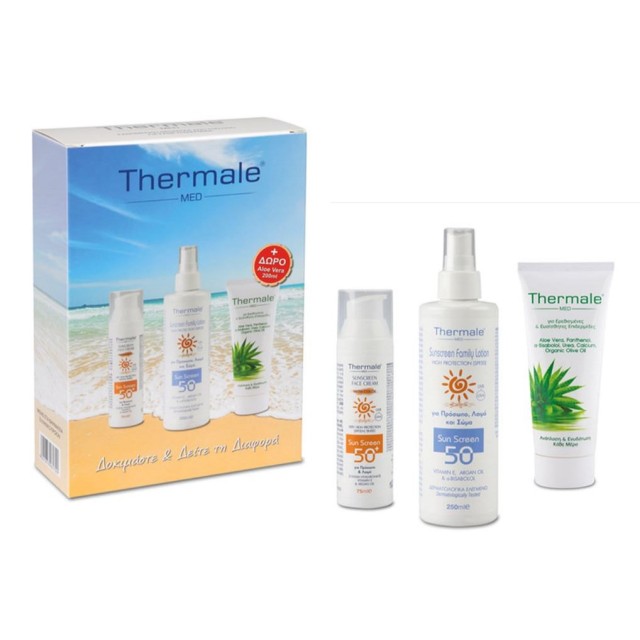 Thermale Med SET Sunscreen Face Cream SPF50+ 75ml & Sunscreen Family Lotion SPF50 250ml & Aloe Vera Cream 200ml (ΣΕΤ για Ολοκληρωμένη Αντηλιακή Προστασία)