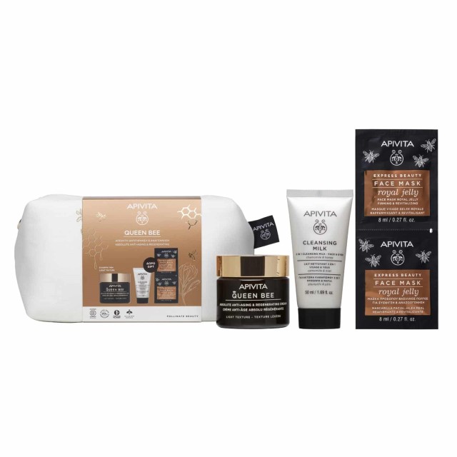 Apivita SET Queen Bee Absolute Anti-Aging & Regenerating Light Cream 50ml & GIFT 3in1 Cleansing Milk Face & Eyes 50ml & Express Beauty Face Mask Royal Jelly 2x8ml