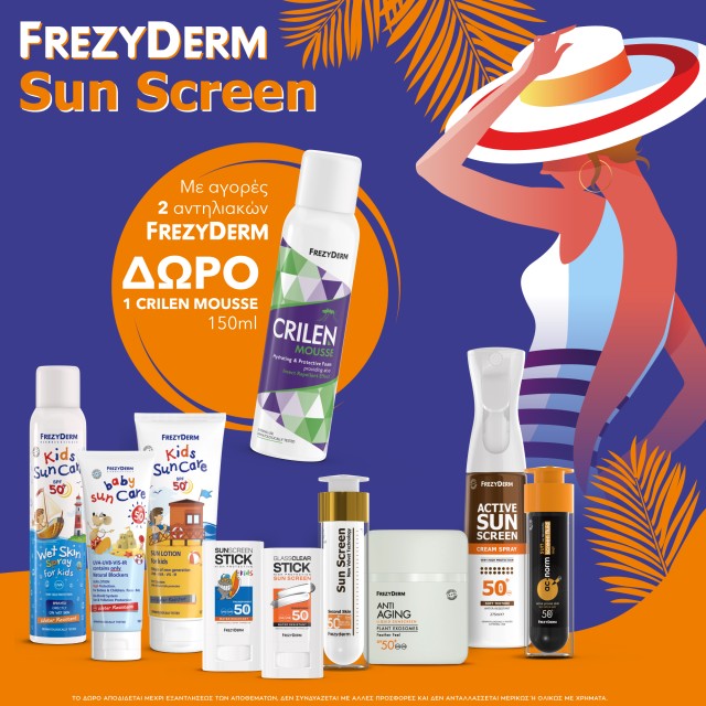 With every purchase of 2 Frezyderm sunscreens, get a FREE Crilen Mousse 150ml